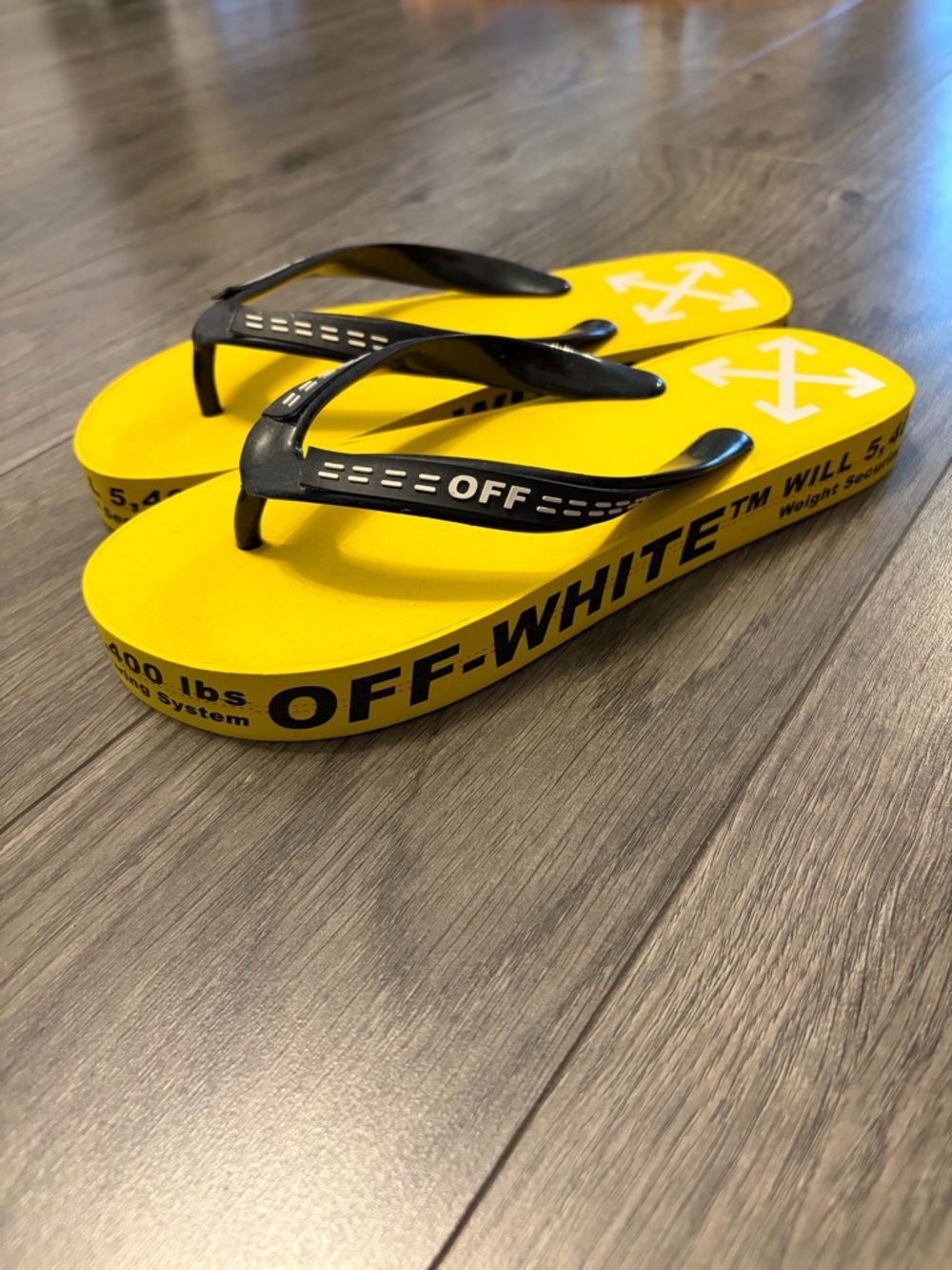 Off-White Yellow and Black Logo Flip Flops image 2
